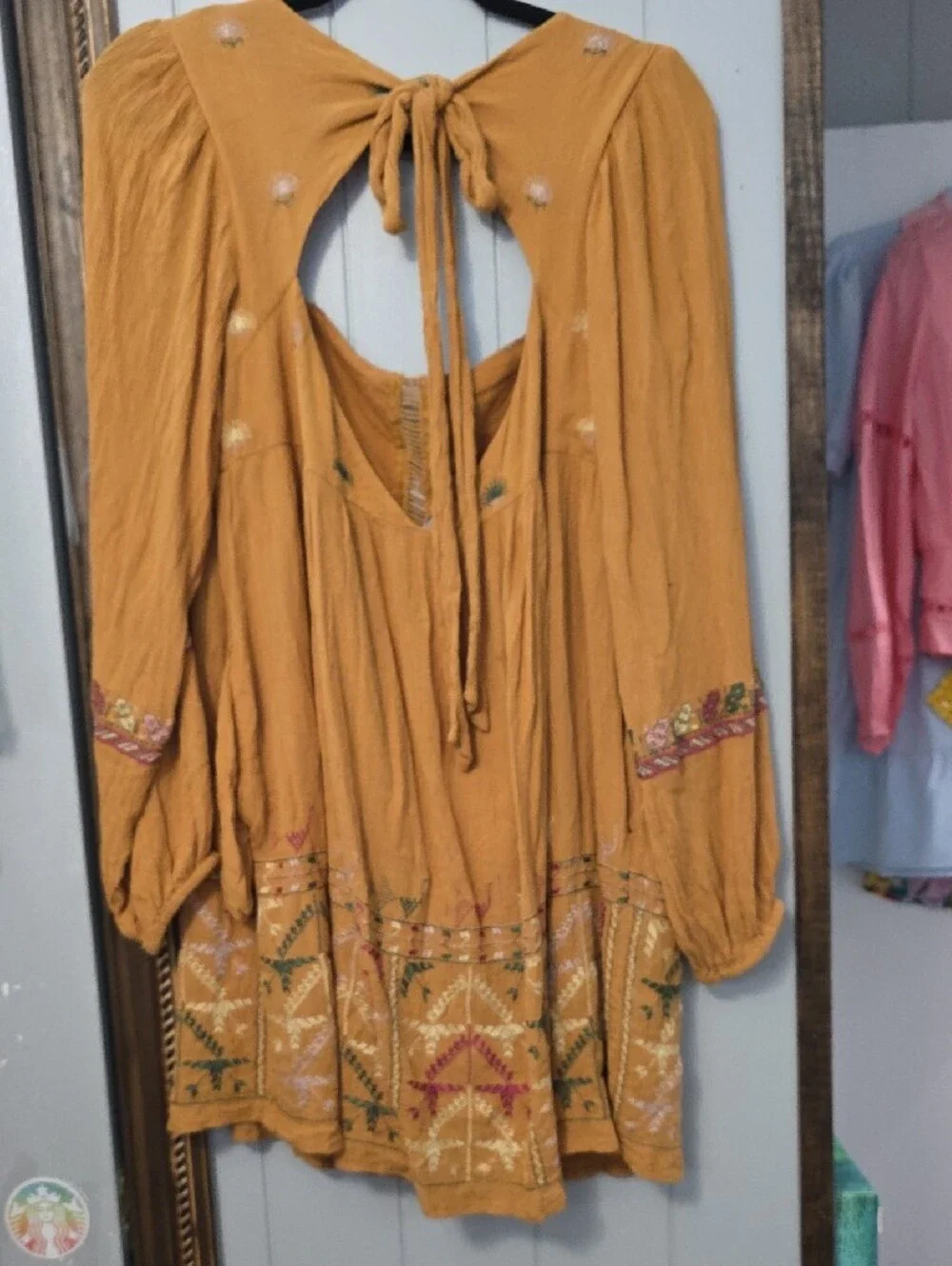 Free People Mustard Embroidered Mini Dress